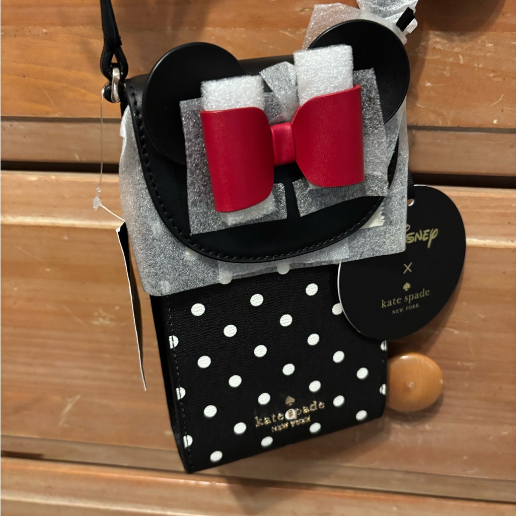Kate Spade Disney Black And White Polka Dot Crossbody With Minnie Mouse Red Bow